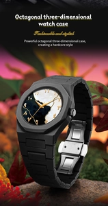 Macro detail of octagonal matte black case with marble dial and Arabic numerals