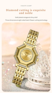 Vista macro di orologio ottagonale dorato di lusso con lunetta diamantata e quadrante