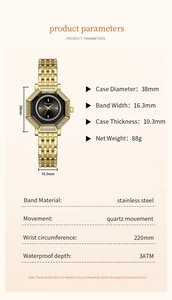 Specifiche tecniche dell'orologio al quarzo ottagonale dorato con lunetta di diamanti