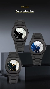Close-up of matte black octagonal watches with Hindi numerals and marble textured dials