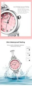 Gros plan du cadran rose serti de diamants et montre à quartz étanche dans l'eau