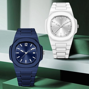 Men's waterproof sport watch with octagonal bezel and silicone strap in navy and white