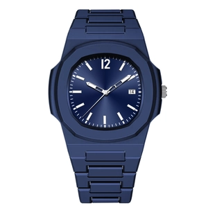Blue sports watch for men with octagonal bezel and integrated silicone strap design