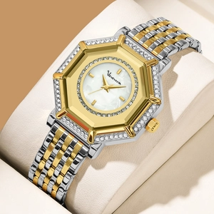 Lussuoso Orologio al Quarzo da Donna Ottagonale Con Lunetta in Strass Cinturino in Maglia d'Acciaio Impermeabile Elegante