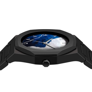 Men's quartz watch with black matte octagonal bezel and blue marble textured dial
