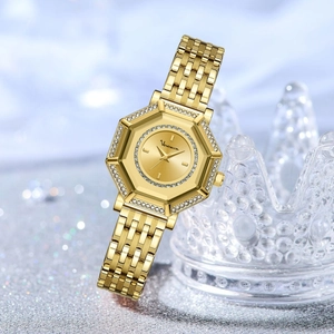 Elegante orologio da donna al quarzo dorato con cassa ottagonale e lunetta con diamanti