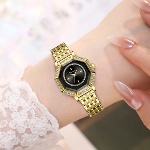Orologio elegante da donna dorato con lunetta esagonale diamantata e quadrante nero