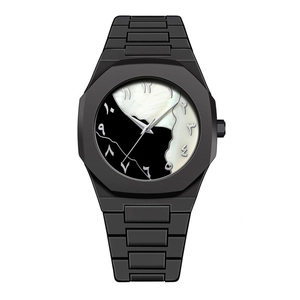 Men's matte black octagonal quartz watch with Eastern Arabic numerals and pearl dial