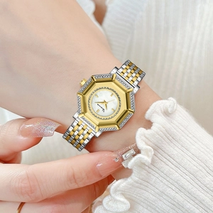 Orologio donna al quarzo ottagonale con lunetta diamantata e cinturino bicolore al polso