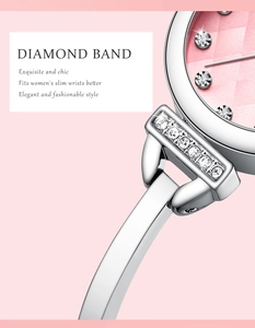 Détail du cadran rose serti de diamants avec bracelet chic pour femmes