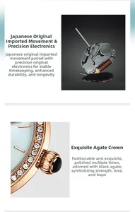 Détail du mouvement japonais et couronne de montre or rose avec onyx et cristaux