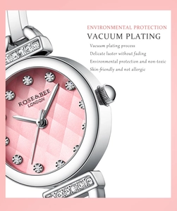 Détails de montre à cadran rose avec index diamant et placage sous vide écologique