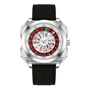 Creative casino roulette dial watch with silver square case and black rubber strap