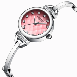 Montre Quartz de Luxe Femme Argent Bracelet Jonc en Acier Inoxydable Cadran Rose Blanc Losange Strass Étanche Élégante