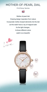 Détail montre femme Rose & Bee avec cadran en nacre naturelle et lunette en cristaux