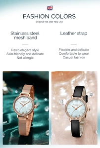 Vue détaillée des montres à bracelet maille or rose et cuir noir avec lunette diamantée