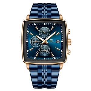 Blue and rose gold square chronograph watch with stainless steel strap and date window
