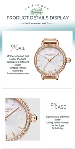 Détail d'une montre à quartz or rose avec cadran nacré et lunette sertie de diamants