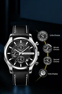 Detailansicht der Herren-Chronographenuhr mit Leuchtzeigern und Datumsanzeige