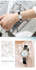Détails de montre quartz femme avec lunette en cristal et cadran en nacre sur bracelet cuir