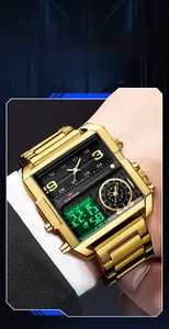 Détail de la montre carrée dorée à double affichage avec écran numérique et cadran mécanique