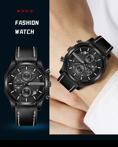 Detailansicht der Herren-Business-Uhr mit schwarzem Lederarmband und multifunktionalem Zifferblatt