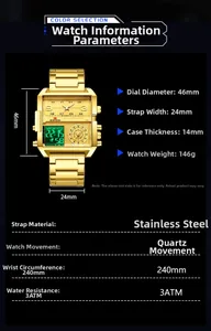 Détails de montre dorée carrée avec cadran 46mm et bracelet en acier inoxydable
