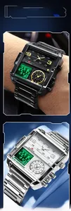 Détail de la montre carrée multifonctionnelle à double affichage avec bracelet en acier