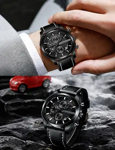 Detail der Hannah Martin Multifunktionsuhr mit Lederarmband und Chronographenzifferblatt