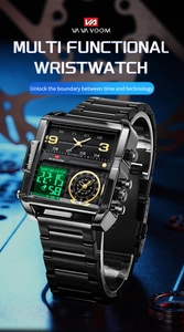 Gros plan d'une montre de sport carrée avec affichage analogique et numérique