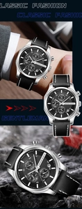 Nahaufnahme der Herrenuhr mit Lederarmband, Chronographen-Zifferblatt und Datumsanzeige
