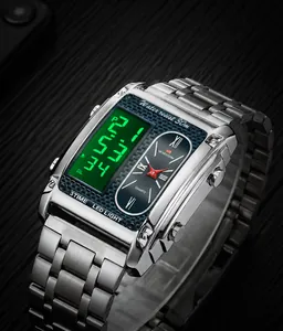 Macro detail of dual-display silver square watch with green LED and quartz dial