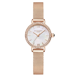 Montre élégante en acier milanais rose doré avec lunette en zircon et cadran nacre