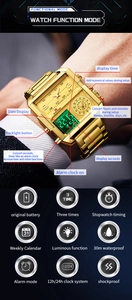 Détail de la montre numérique carrée dorée avec double affichage et étanchéité de 30 m