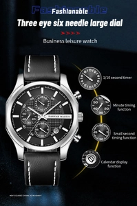 Detailansicht des Multifunktions-Chronographenzifferblatts und Lederarmbands dieser Uhr
