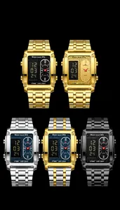 Detail view of square dual display watch showing 30m water resistance and LED backlighting