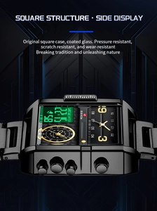 Gros plan du cadran de montre numérique carré futuriste avec affichage de l'heure en duo