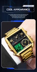 Macro détaillée d'une montre carrée dorée à double affichage avec texture métallique