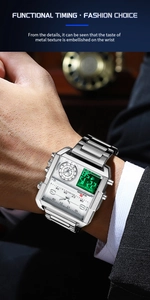 Vue macro d'une montre carrée argentée avec bracelet en acier et double affichage