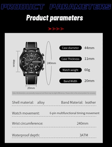 Detaillierte Größenangaben für 44mm Business-Uhr mit Lederarmband und Legierungsgehäuse