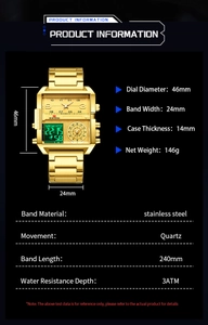 Spécifications de la montre carrée dorée en acier avec affichage digital et étanche 3ATM