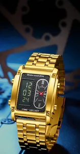 Detail of gold waterproof digital watch with three time zones and LED backlight