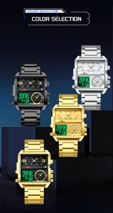 Détail de montres de sport carrées à double affichage en quatre finitions métalliques