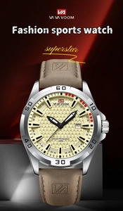 Dettaglio dell'orologio sportivo impermeabile con quadrante beige e cinturino in pelle