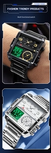 Montre business carrée à double affichage avec bracelet métallique et cadran numérique-analogique