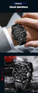 Detailansicht der schwarzen Multifunktions-Chronographenuhr mit Lederarmband und Datum