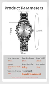 Detailed technical specification table for gothic claw watch with 3Bar water resistance
