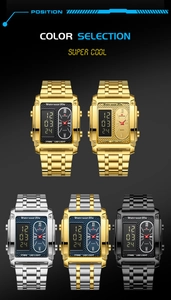 Dettagli di cinque orologi quadrati a doppio display con quadranti LED e analogici