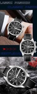 Detailansicht der Multifunktions-Herrenuhr mit schwarzem Zifferblatt und Lederarmband