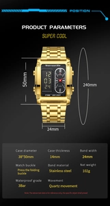 Dettagli dell'orologio rettangolare dorato digitale-analogico con triplo fuso orario